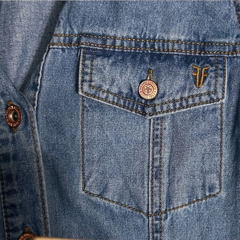 Frye Blue Denim Mini Shirt Dress Long Sleeve Pockets Button Front Western Boho S - Picture 9 of 10